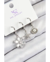 Pirinç Zirkon Taşlı 3lü Çiçek Ve İstiridye Model Gümüş Renk Kadın Küpe