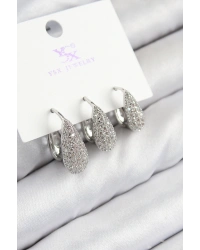 Pirinç Zirkon Taşlı 3lü Damla Model Gümüş Renk Kadın Küpe