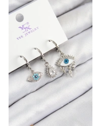 Pirinç Zirkon Taşlı 3lü Fatmanın Gözü Model Gümüş Renk Kadın Küpe