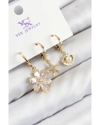 Pirinç Zirkon Taşlı 3lü İstiridye Ve Çiçek Model Gold Renk Kadın Küpe