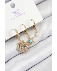 Pirinç Zirkon Taşlı 3lü İstiridye Ve Yıldız Model Gold Renk Kadın Küpe