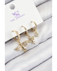 Pirinç Zirkon Taşlı 3lü Kuş Model Gold Renk Kadın Küpe