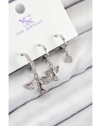 Pirinç Zirkon Taşlı 3lü Kuş Model Gümüş Renk Kadın Küpe