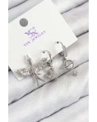 Pirinç Zirkon Taşlı 3lü Kuş Model Gümüş Renk Kadın Küpe