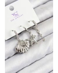 Pirinç Zirkon Taşlı 3lü Yıldız Ve İstiridye Model Gümüş Renk Kadın Küpe