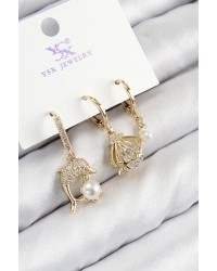 Pirinç Zirkon Taşlı 3lü Yunus Balığı Ve İstiridye Model Gold Renk Kadın Küpe