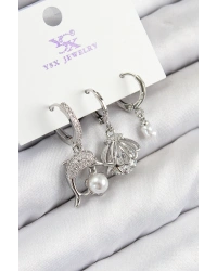 Pirinç Zirkon Taşlı 3lü Yunus Balığı Ve İstiridye Model Gümüş Renk Kadın Küpe