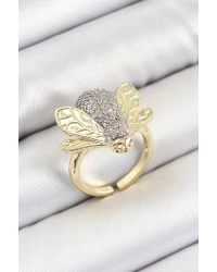 Pirinç Zirkon Taşlı Arı Model Gümüş Ve Gold Renk Kadın Yüzük