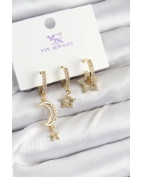 Pirinç Zİrkon Taşlı Ay Ve Hilal Model Gold Renk 3lü Kadın Küpe