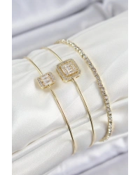 Pirinç Zirkon Taşlı Baget Model Gold Renk Vip 3lü Kadın Bileklik