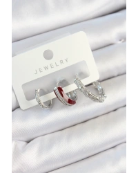 Pirinç Zirkon Taşlı Bordo Pembe Halka Model Gümüş Renk 3lü Çift Kadın Küpe Set