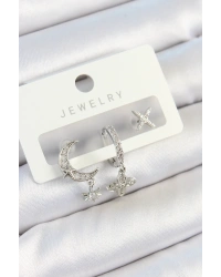 Pirinç Zirkon Taşlı Çiçek Ve Ay Model Gümüş Renk 3lü Çift Kadın Küpe Set