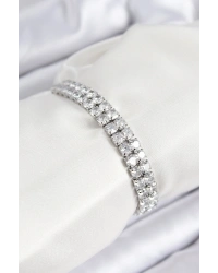 Pirinç Zirkon Taşlı Çift Sıra Kare Model Gümüş Renk Asansörlü Kadın Bileklik