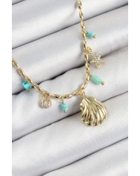 Pirinç Zirkon Taşlı Deniz Kabuğu Model Gold Renk Kadın Kolye