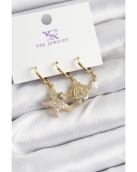 Pirinç Zİrkon Taşlı Deniz Yıldızı Ve İstiridye Model Gold Renk 3lü Kadın Küpe