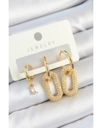 Pirinç Zirkon Taşlı Dikdörtgen Model Gold Renk 3lü Çift Kadın Küpe Set