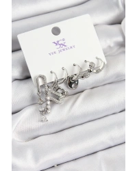 Pirinç Zİrkon Taşlı Dikdörtgen Model Gümüş Renk 3lü Çift Kadın Küpe