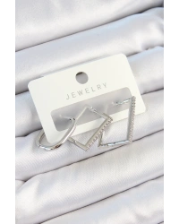 Pirinç Zirkon Taşlı Dikdörtgen Model Gümüş Renk 3lü Çift Kadın Küpe Set