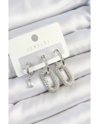 Pirinç Zirkon Taşlı Dikdörtgen Model Gümüş Renk 3lü Çift Kadın Küpe Set