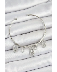 Pirinç Zirkon Taşlı Dikdörtgen Model Gümüş Renk Charm Bileklik