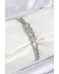 Pirinç Zirkon Taşlı Ezme Küba Zincir Model Gümüş Renk Kadın Bileklik