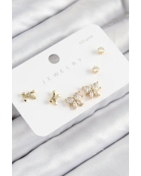 Pirinç Zirkon Taşlı Fiyonk Model Gold Renk 925 Ayar Gümüş Çivi Kadın Küpe Set