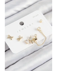 Pirinç Zirkon Taşlı Fiyonk Model Gold Renk 925 Ayar Gümüş Çivi Kadın Küpe Set