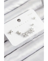 Pirinç Zirkon Taşlı Fiyonk Model Gümüş Renk 925 Ayar Gümüş Çivi Kadın Küpe Set