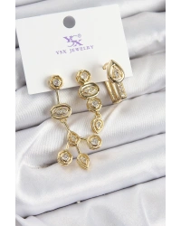 Pirinç Zİrkon Taşlı Geometrik Model Gold Renk 3lü Kadın Küpe