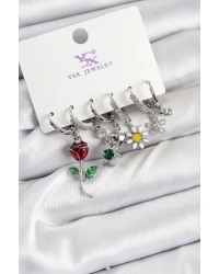 Pirinç Zİrkon Taşlı Gül Ve Papatya Model Gümüş Renk 3lü Çift Kadın Küpe