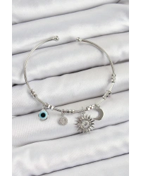 Pirinç Zirkon Taşlı Güneş Ay Ve Nazar Model Gümüş Renk Charm Bileklik