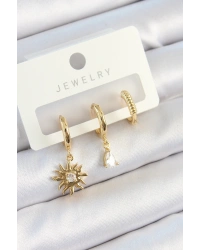 Pirinç Zirkon Taşlı Güneş Model Gold Renk 3lü Çift Kadın Küpe Set