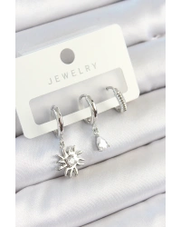 Pirinç Zirkon Taşlı Güneş Model Gümüş Renk 3lü Çift Kadın Küpe Set