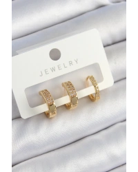 Pirinç Zirkon Taşlı Halka Model Gold Renk 3lü Çift Kadın Küpe Set