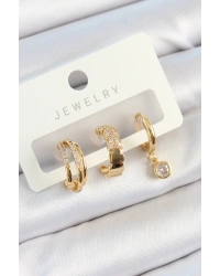 Pirinç Zirkon Taşlı Halka Model Gold Renk 3lü Çift Kadın Küpe Set