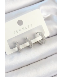 Pirinç Zirkon Taşlı Halka Model Gümüş Renk 3lü Çift Kadın Küpe Set