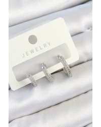 Pirinç Zirkon Taşlı Halka Model Gümüş Renk 3lü Çift Kadın Küpe Set