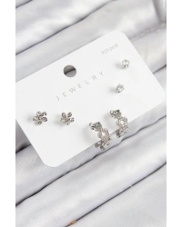 Pirinç Zirkon Taşlı Halka Model Gümüş Renk 925 Ayar Gümüş Çivi Kadın Küpe Set