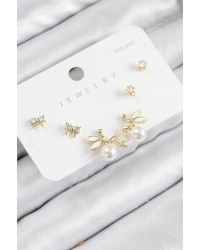 Pirinç Zirkon Taşlı İnci Melek Model Gold Renk 925 Ayar Gümüş Çivi Kadın Küpe Set