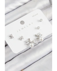 Pirinç Zirkon Taşlı İnci Melek Model Gümüş Renk 925 Ayar Gümüş Çivi Kadın Küpe Set