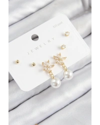 Pirinç Zirkon Taşlı İnci Sallantılı Çiçek Model Gümüş Renk 925 Ayar Gümüş Çivi Kadın Küpe Set