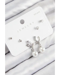 Pirinç Zirkon Taşlı İnci Sallantılı Damla Model Gümüş Renk 925 Ayar Gümüş Çivi Kadın Küpe Set