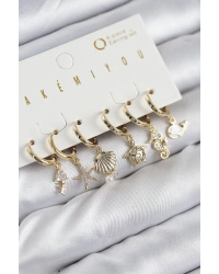 Pirinç Zirkon Taşlı İstiridye Balina Ve Yıldız Gold Renk 6lı Küpe Set