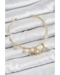Pirinç Zirkon Taşlı İstiridye Ve Deniz Yıldızı Model Gold Renk Charm Bileklik