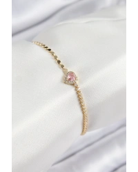 Pirinç Zirkon Taşlı Kalp Model Ezme Zincir Gold Renk Kadın Bileklik