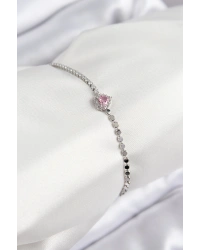 Pirinç Zirkon Taşlı Kalp Model Ezme Zincir Gümüş Renk Kadın Bileklik