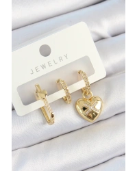 Pirinç Zirkon Taşlı Kalp Model Gold Renk 3lü Çift Kadın Küpe Set