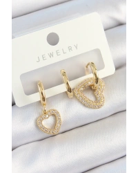 Pirinç Zirkon Taşlı Kalp Model Gold Renk 3lü Çift Kadın Küpe Set