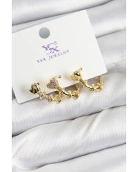 Pirinç Zİrkon Taşlı Kalp Model Gold Renk 3lü Kadın Küpe
