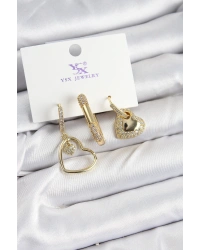 Pirinç Zİrkon Taşlı Kalp Model Gold Renk 3lü Kadın Küpe